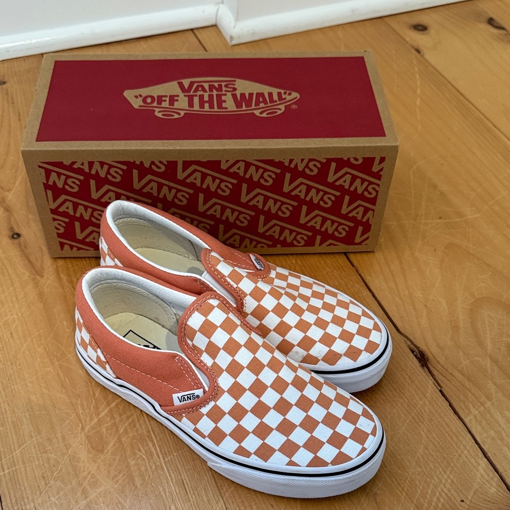 Vans Orange and White Checkerboard Slip-Ons